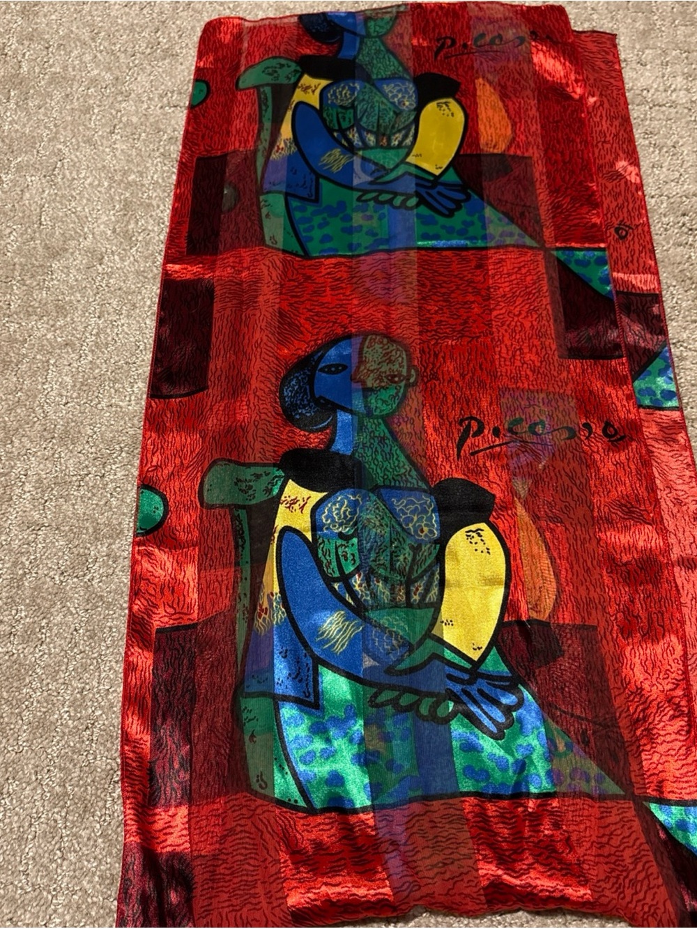 Vintage Pablo Picasso Art womens scarf Red / Green 60" x 13.5”